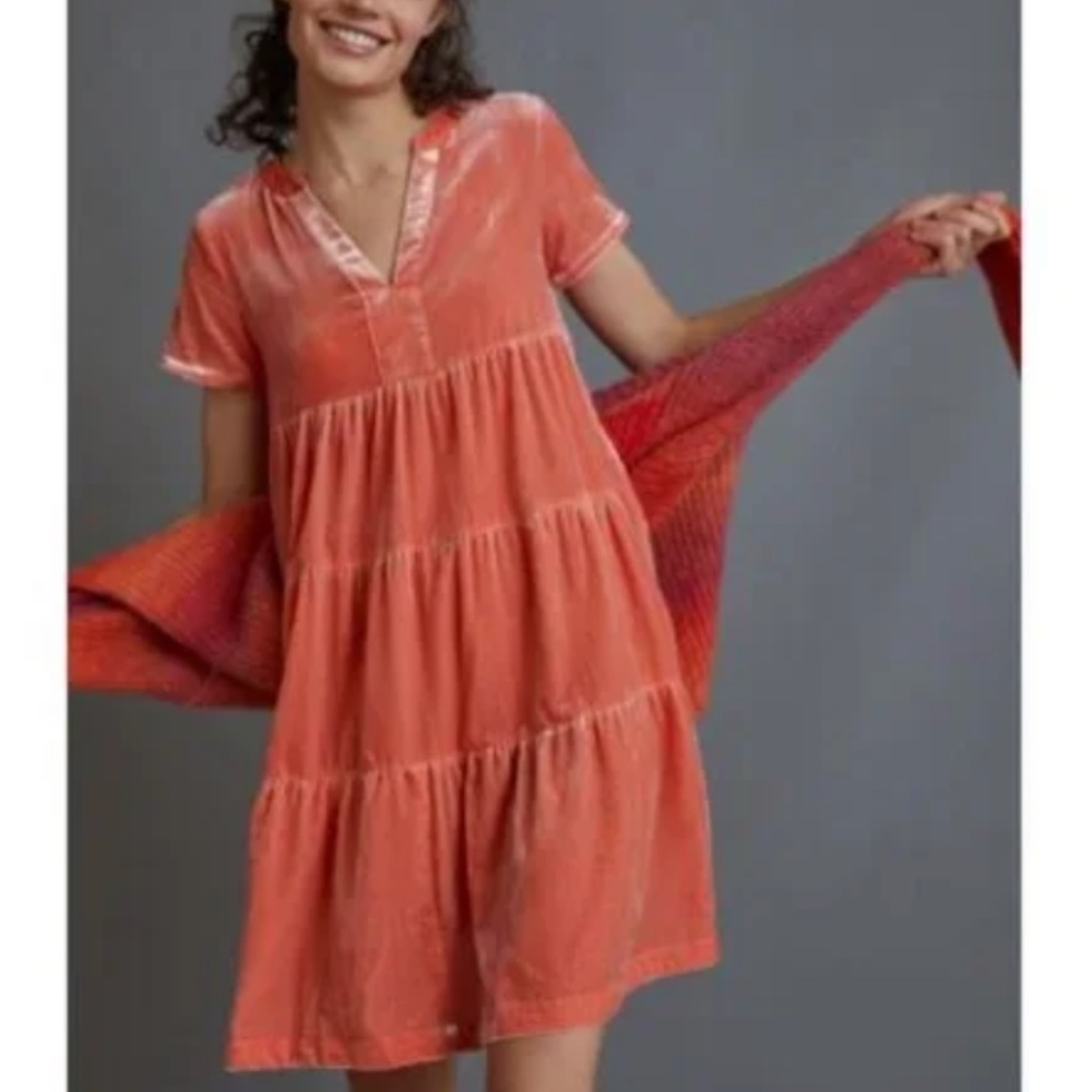 Maeve by Anthropologie Harper Velvet Mini Tunic Dress in Dried Coral Size M NWT - Picture 2 of 13